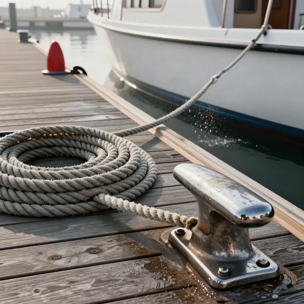 Mooringseile und Poller am Steg neben einem Boot in feuchtem, dramatischem Licht.