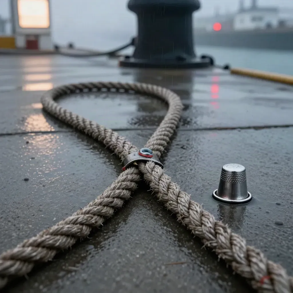 Braided Ankerleine mit Auge und Thimble auf nassem Beton im Hafenlicht