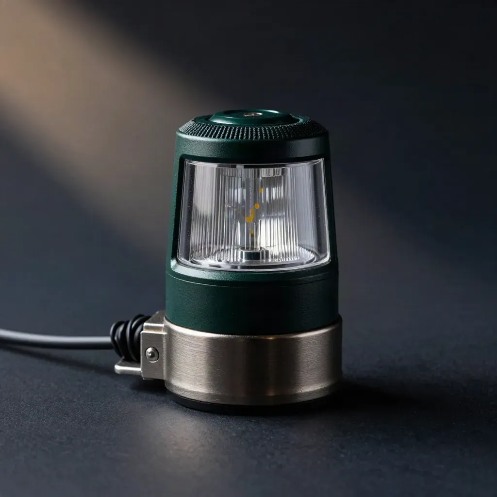 Grüne Navigations-LED-Lampe mit Kabel und Metallhalter auf dunklem Studiohintergrund.