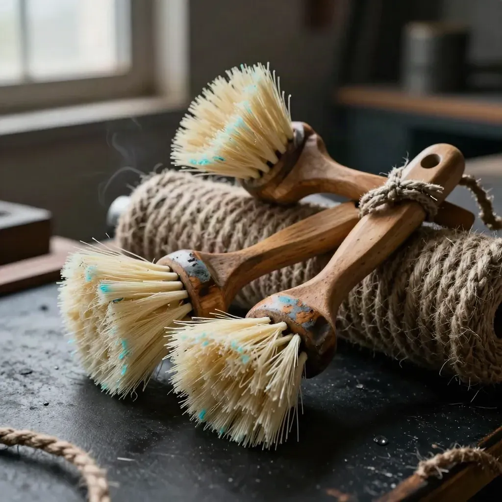 Drei Knotenbürsten mit Holzgriffen auf nassen Tampen im dunklen Studio.