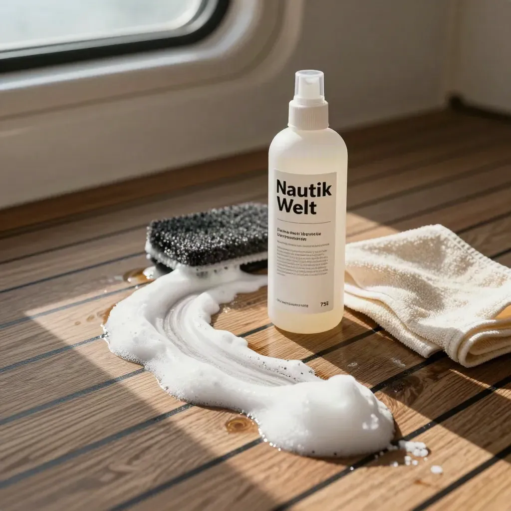 Deckreiniger-Flasche mit Schaum, Bürste und Mikrofasertuch auf nasser Bootsplanke.
