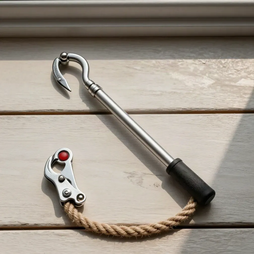Teleskopischer Bootshaken aus Aluminium, daneben Klammer und Tau auf hellem Deckholz.