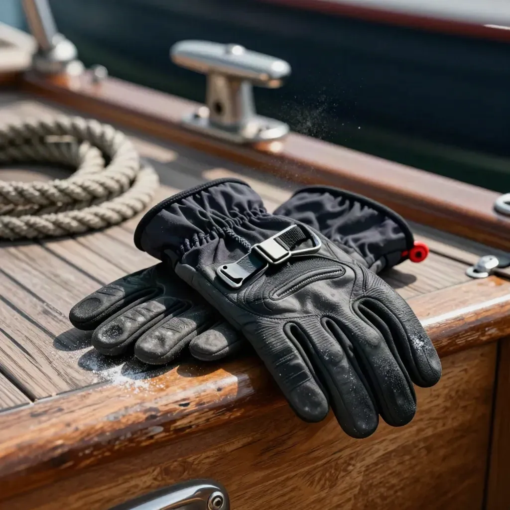 Dunkle Segelhandschuhe mit Tau und Schließe auf einem Teakdeck, weich ausgeleuchtet.