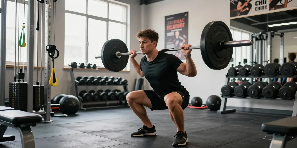 Anabolika Shop - Bodybuilder, der in einer dynamischen Fitnessumgebung Langhantelkniebeugen ausführt und dabei Engagement und Krafttraining betont.