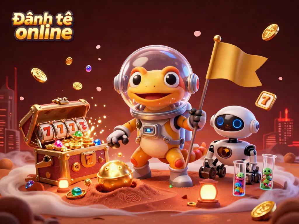 Engage in Đánh đề online with a vibrant illustration featuring a Martian gecko and golden casino.