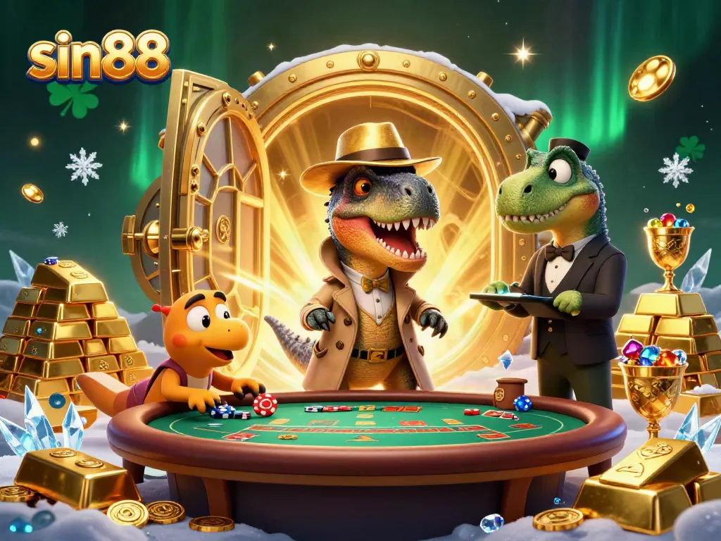 Win exciting jackpots at sin88 with this lively casino scene featuring colorful characters and treasures.