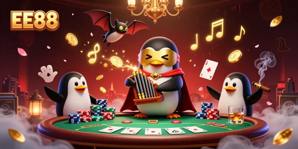 Experience thrilling gaming at EE88 with a phantom penguin and festive casino atmosphere.