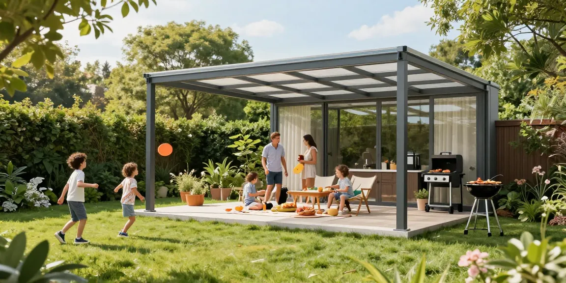 Moderne Terrassenüberdachung freistehend in einem einladenden Garten mit Familien-Picknick und fröhlichen Kindern.