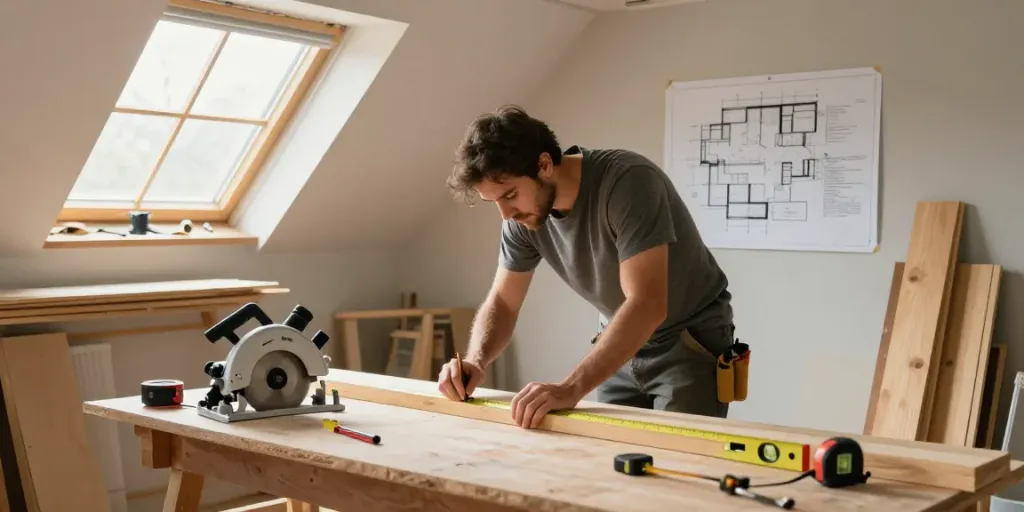 Dachausbau Augsburg: Handwerker bei der Renovierung eines gemütlichen Dachbodens, umgeben von Werkzeugen und Materialien.