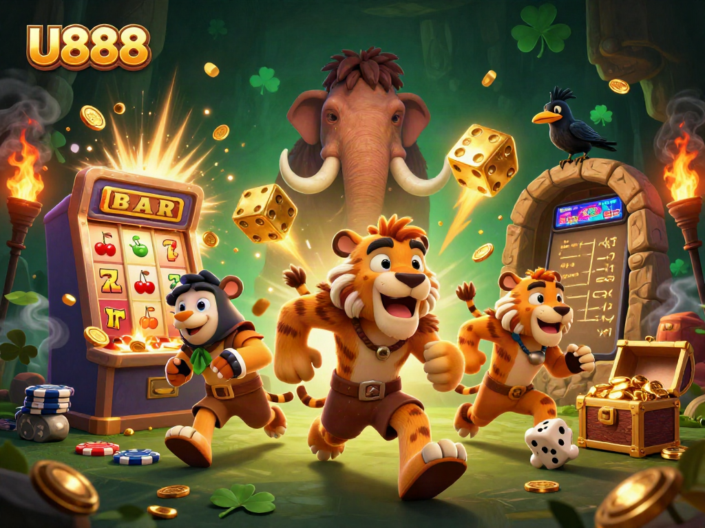 Experience thrilling casino action with U888 in a vibrant prehistoric setting featuring unique characters.