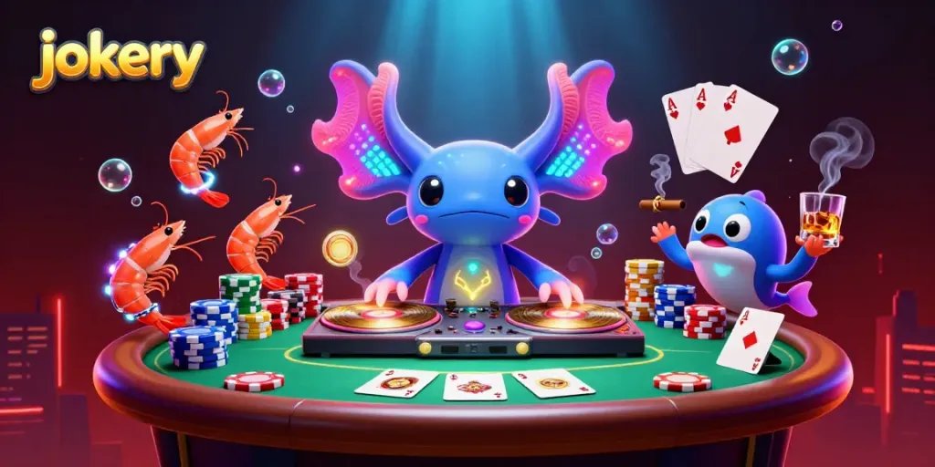 Dive into the vibrant world of jokery at this dynamic underwater casino scene with an axolotl DJ and lively shrimp.