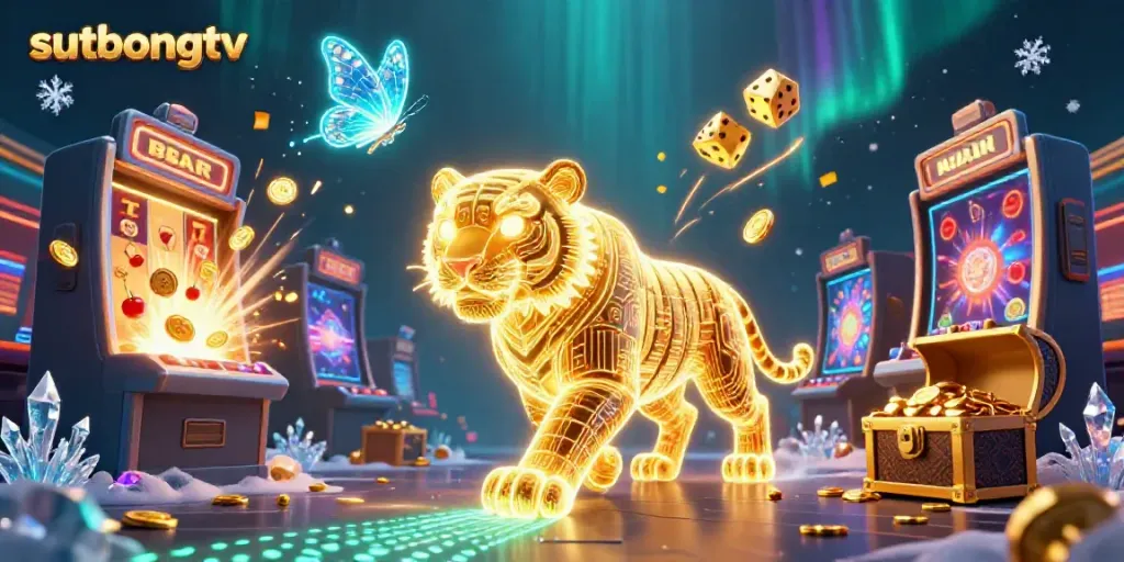 Sutbongtv showcases a vibrant casino scene with a neon-wireframe golden tiger and holographic butterflies amidst dynamic gambling elements.