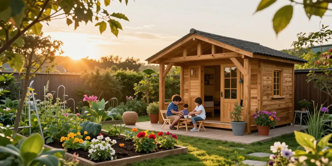 Elegantes Gartenhaus mit Blumenbeeten und Familie im Garten.