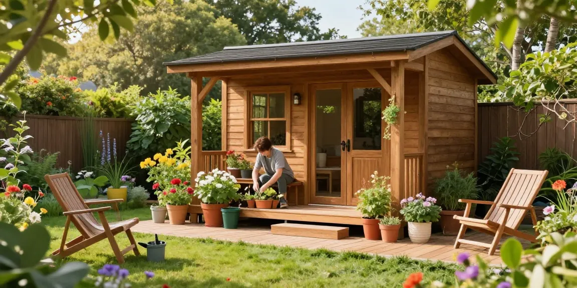 Ein Gartenhaus Holz im Grünen, umgeben von bunten Blumen und jemand, der die Pflanzen pflegt.