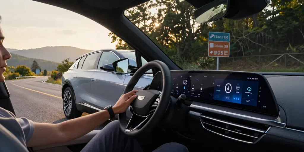 Driver in a Cadillac Lyriq using driving modes to explore different ranges or battery usages.