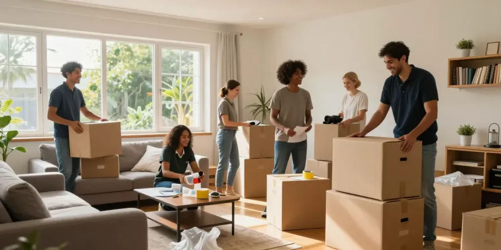 Professionelle Wohnungsauflösung in Berlin Kreuzberg mit freundlichem Team in hellem Wohnzimmer.