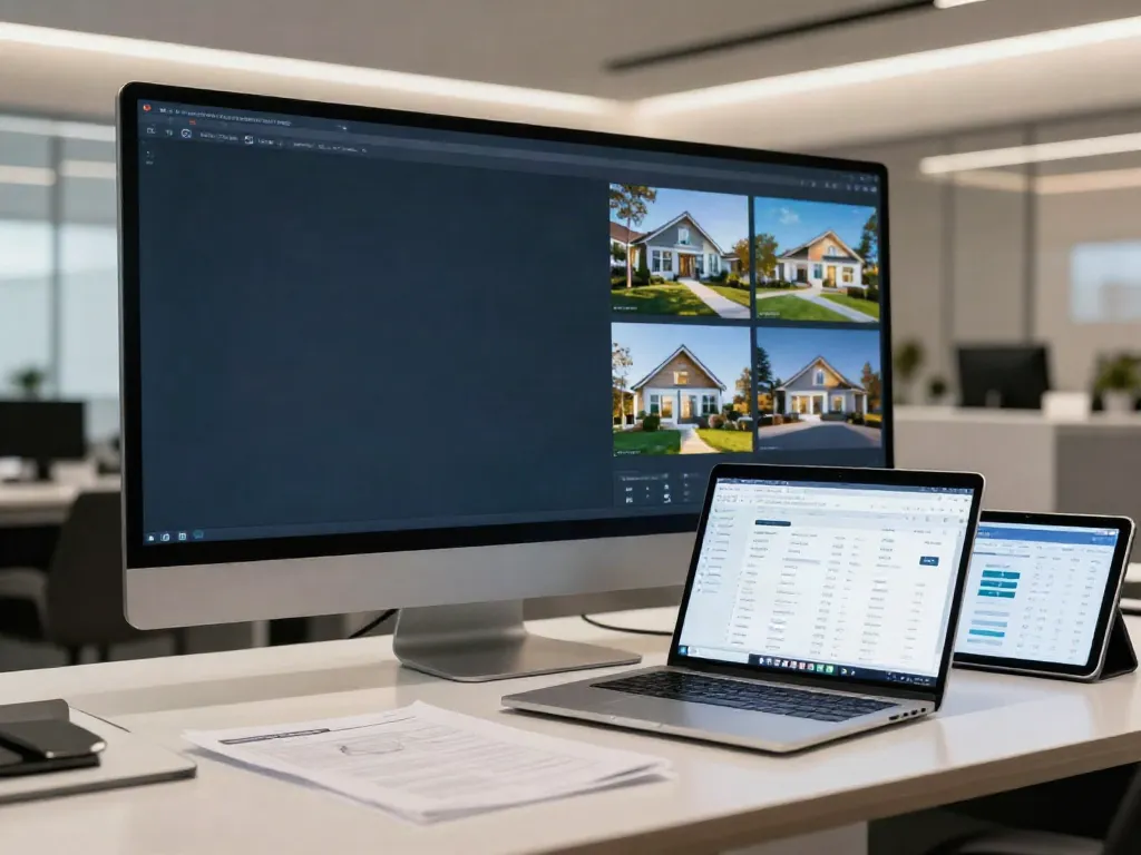 Immobilienmakler Zürich: Moderner Büroarbeitsplatz mit innovativer Technologie für Immobilienbewertung.