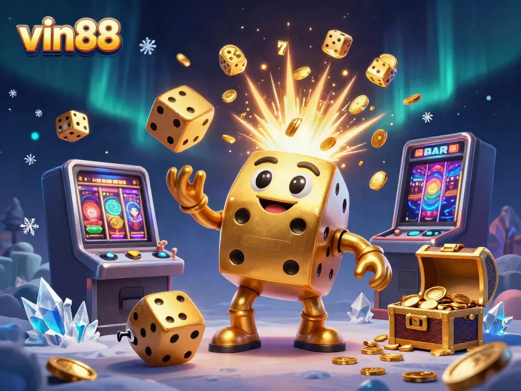 Experience the excitement of vin88 with a dynamic 3D illustration showcasing a golden dice golem and jackpot elements.