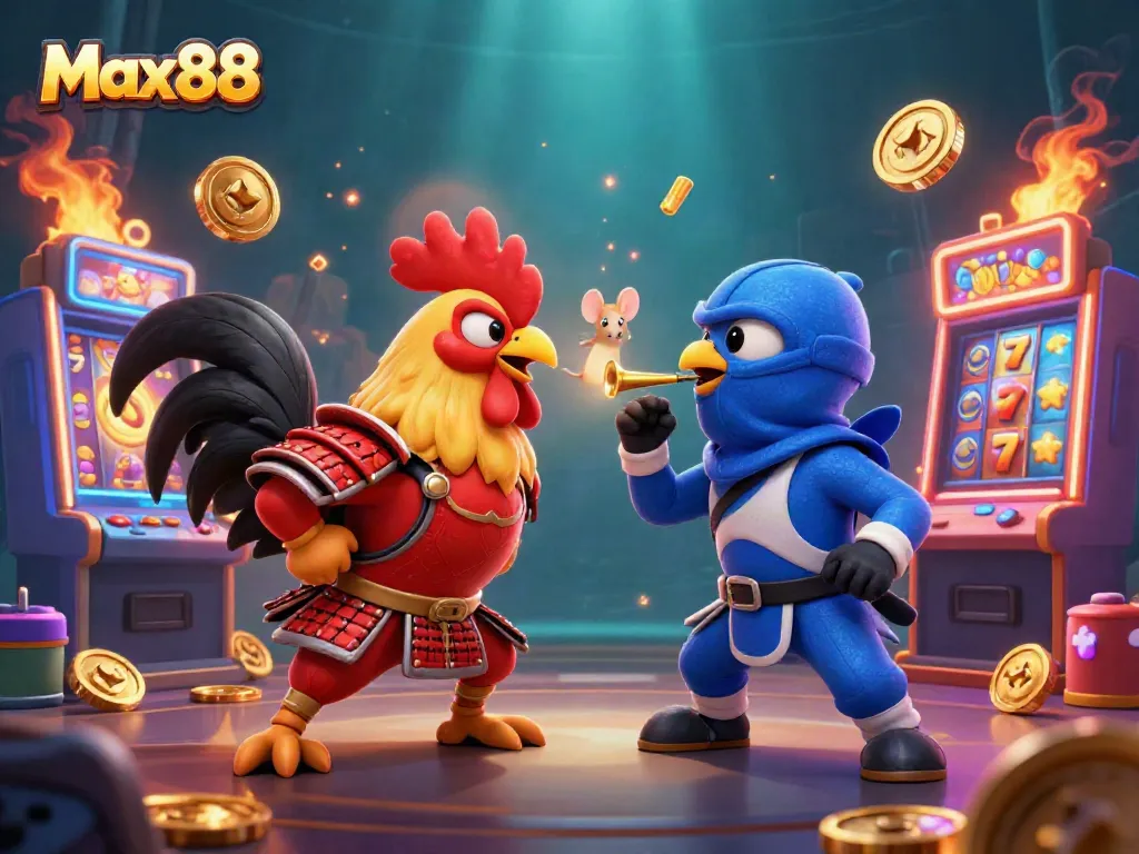 Engage in thrilling slot action at Max88 with dynamic roosters in a colorful casino setting.
