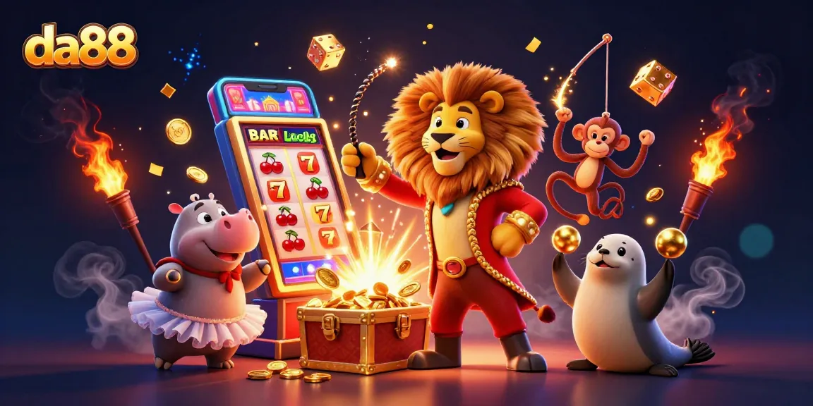 Spin to win with da88 in a vibrant circus-themed casino illustration filled with action and excitement.