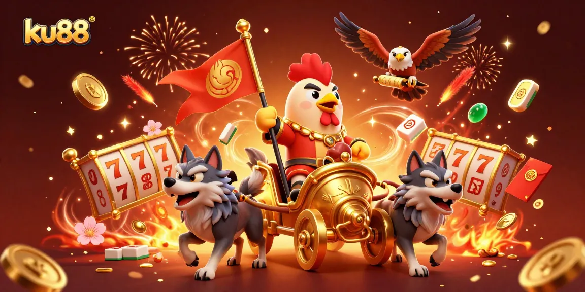ku88 gaming scene with a rooster warlord, slot reels, and festive decorations