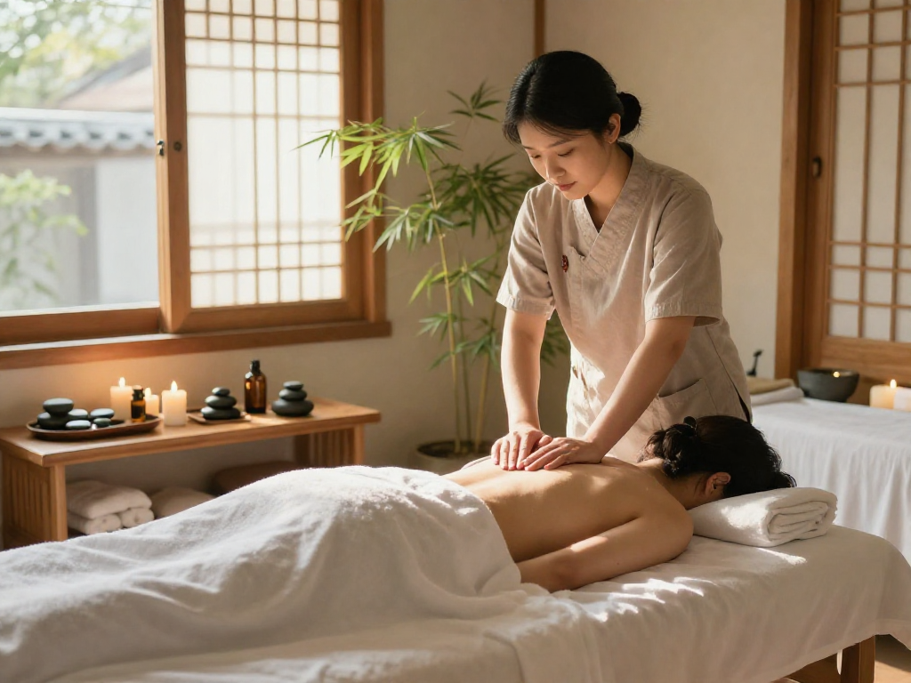 Relaxing 종로출장안마 session in a serene spa setting, massage therapist with essential oils and candles.