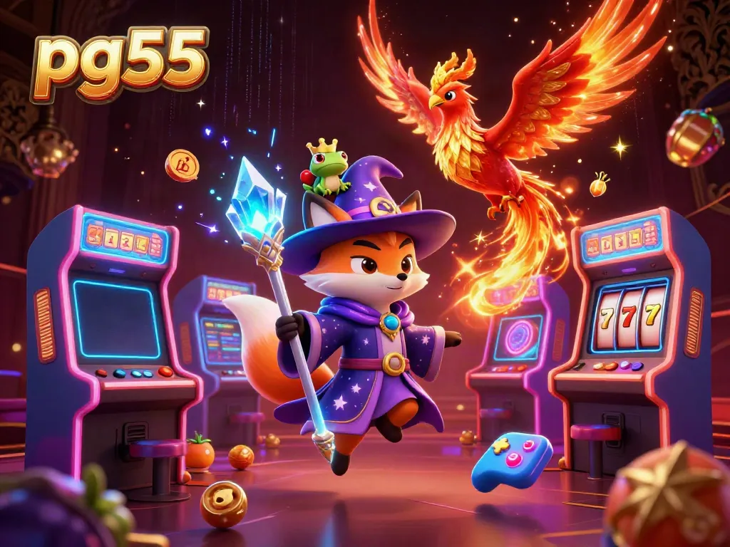 Engage in high-stakes fun with pg55's vibrant casino atmosphere featuring a mystical fox and arcade elements.