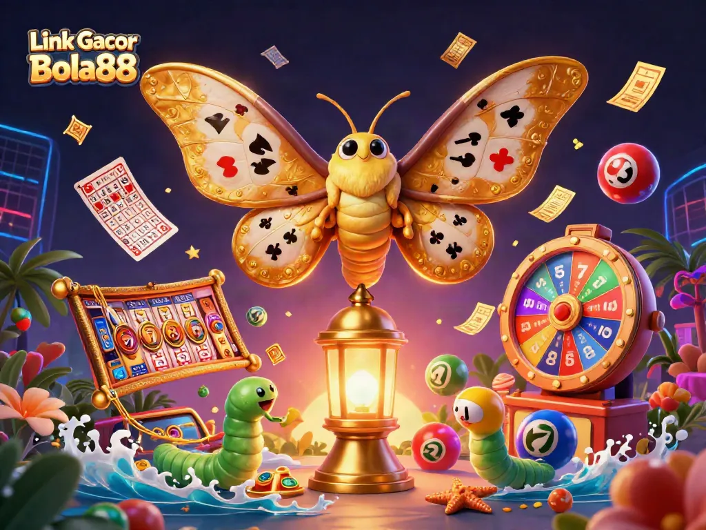 Experience big wins with Link Gacor Bola88, featuring vibrant casino elements in dynamic 3D art.