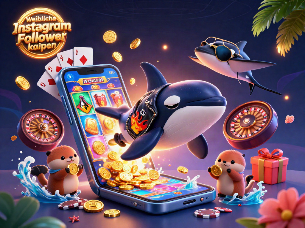 Weibliche Instagram-Follower kaufen und gewinnen: Attraktive Casino-Szene mit ozeanischen Charakteren und Spielautomaten.