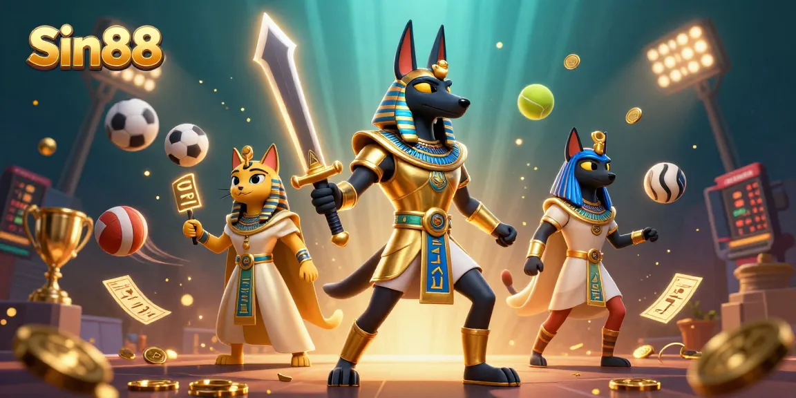 Experience thrilling action at Sin88 with a dynamic Egyptian casino scene filled with sports elements.