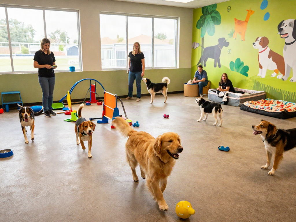 Playful dogs engaging in activities at a dog daycare with slot88 theme, showcasing a vibrant atmosphere and happy pets.