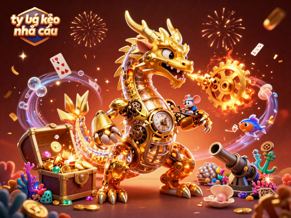 Engage with tỷ lệ kèo nhà cái in a vibrant casino scene featuring a biomechanical dragon and celebrating elements.