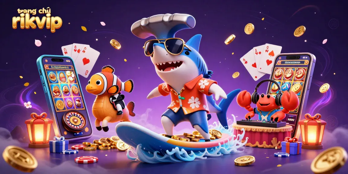 Experience thrilling moments on trang chủ rikvip with a vibrant cartoon scene featuring a shark, clownfish, and crab DJ amidst golden coins and slot games.