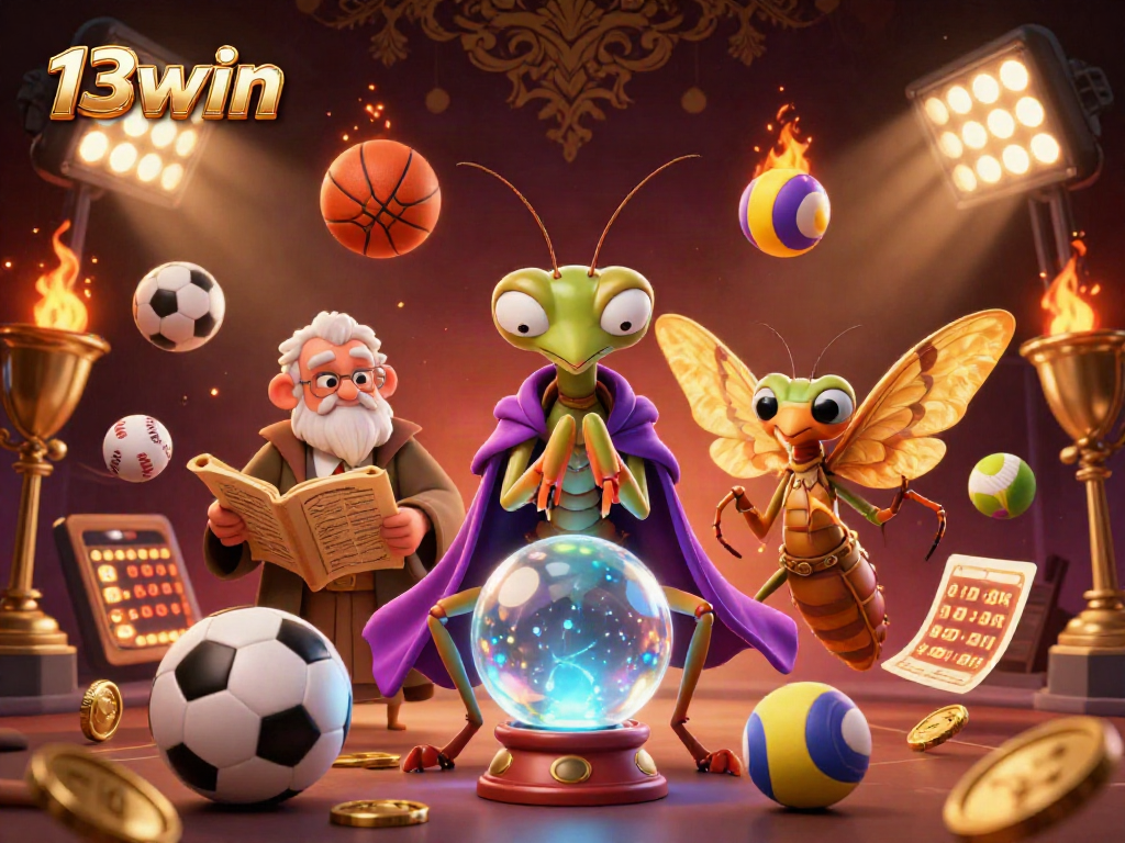 Engage with 13win's dynamic casino world featuring a fortune teller and wise moth librarian amidst vibrant sports elements.
