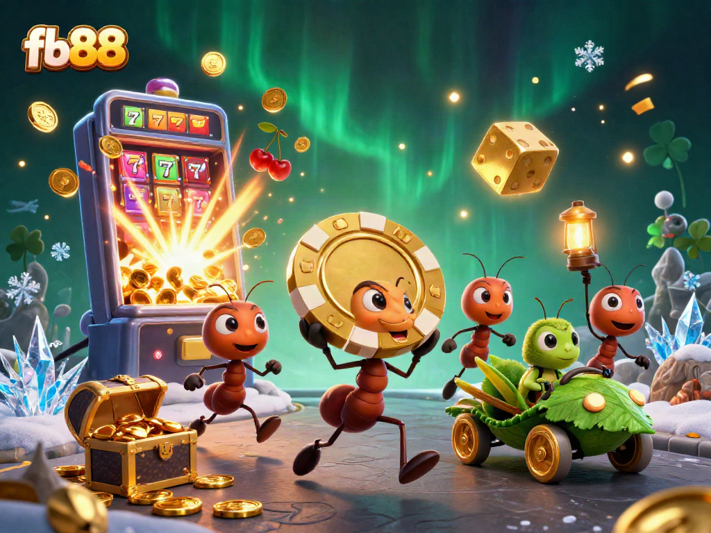 Engage in thrilling casino action with fb88's animated heist scene featuring ants, chips, and jackpot elements.
