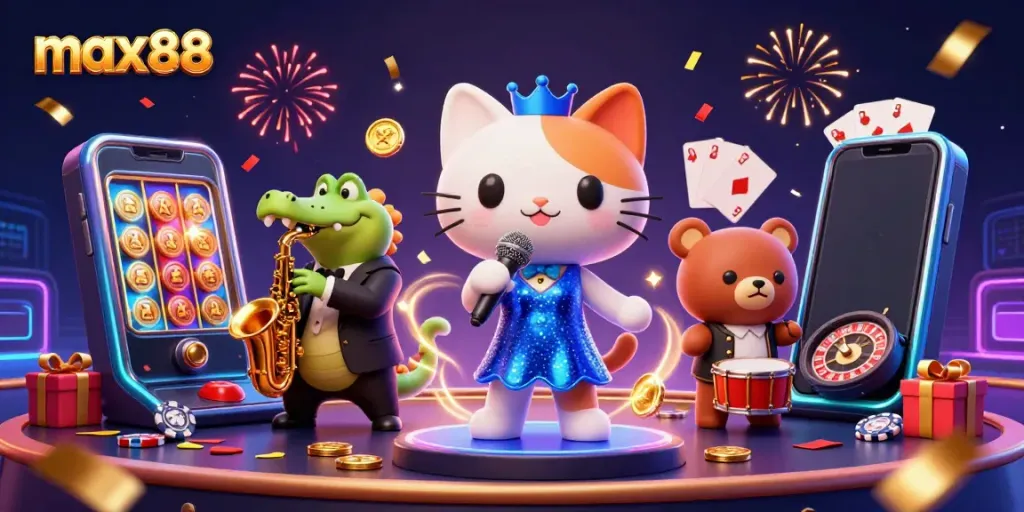 Experience thrilling gameplay with max88, where a jazzy cat, a crocodile, and a bear entertain at a vibrant casino.