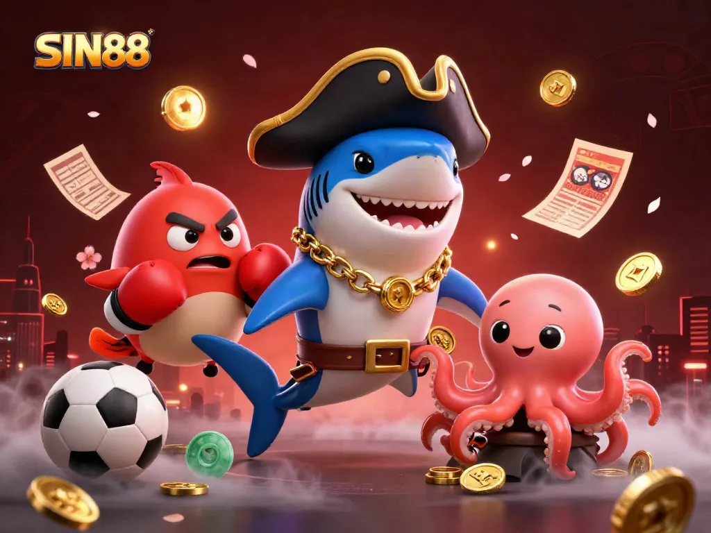 SIN88 engaging players with fun 3D characters like a shark captain and octopus surrounded by vibrant gambling elements.