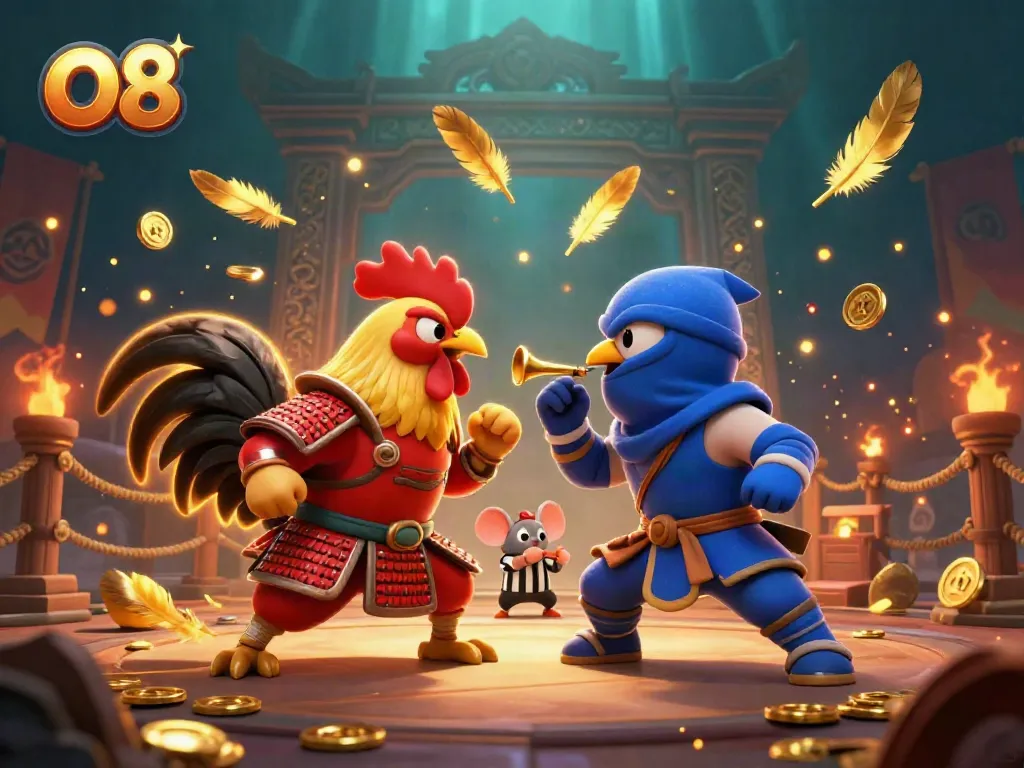 Witness an intense standoff between roosters in samurai and ninja gear at O8 Casino.