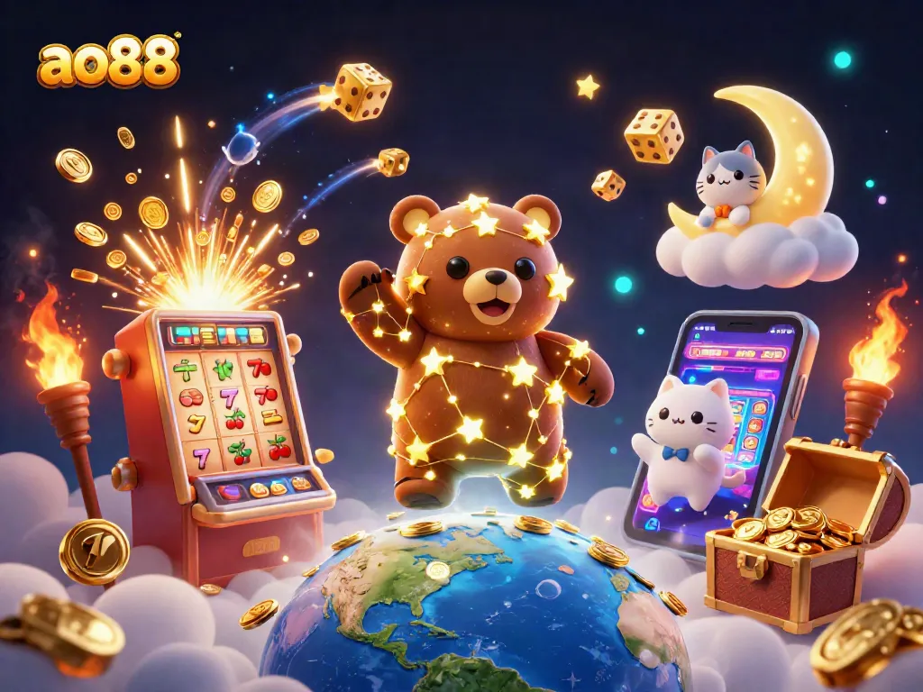 Play exciting games at ao88 with a bear, cat, and fish in a vibrant casino scene.