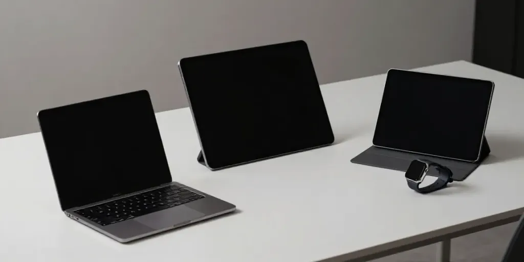 Moderne Gadgets und Technologien auf einem minimalistischen Schreibtisch