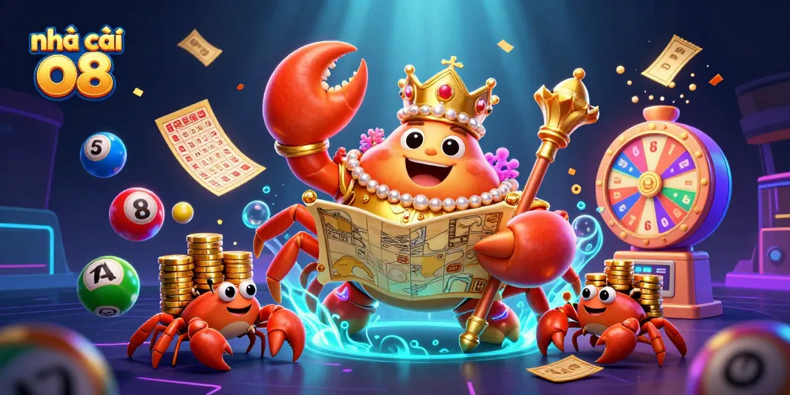 Experience the excitement of nhà cái o8 with a golden crab emperor amidst colorful lottery elements.