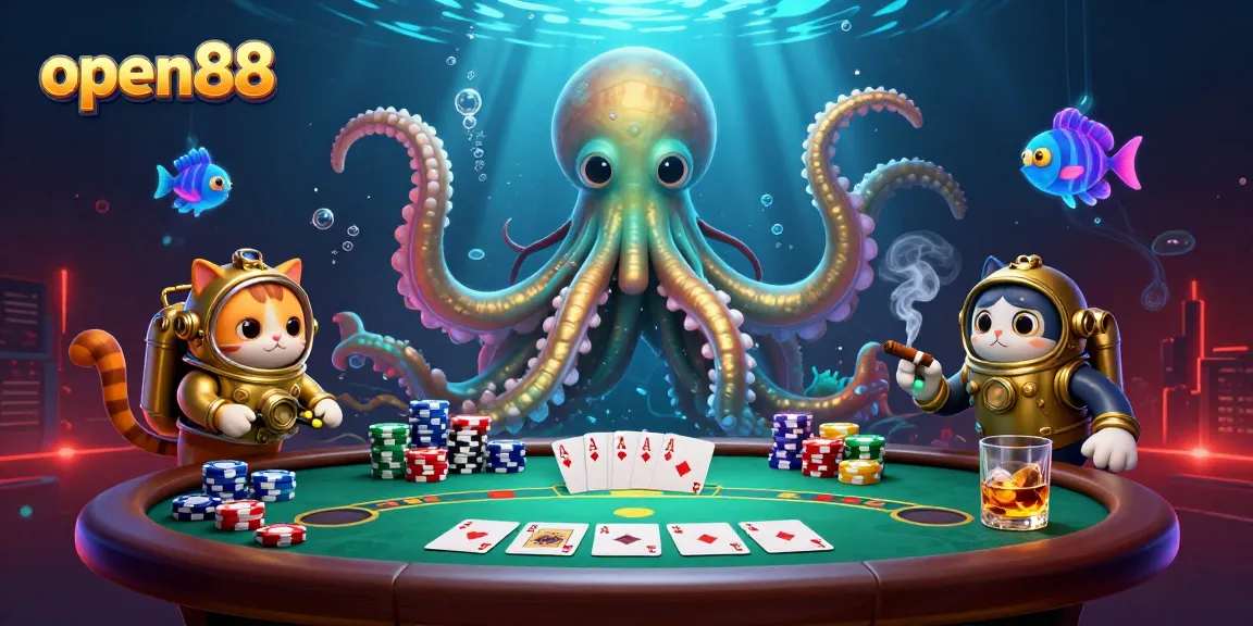 Engage in thrilling poker actions at open88 with a kraken and diving cat illustration!