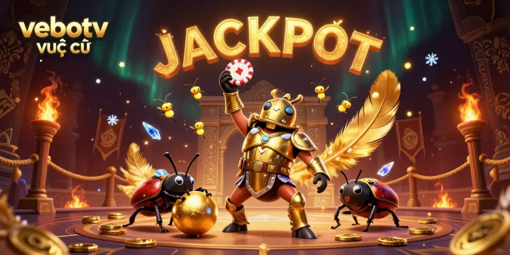 Engage with vebotv trực tiếp as the hercules beetle triumphantly lifts a poker chip, creating a vibrant gambling atmosphere.