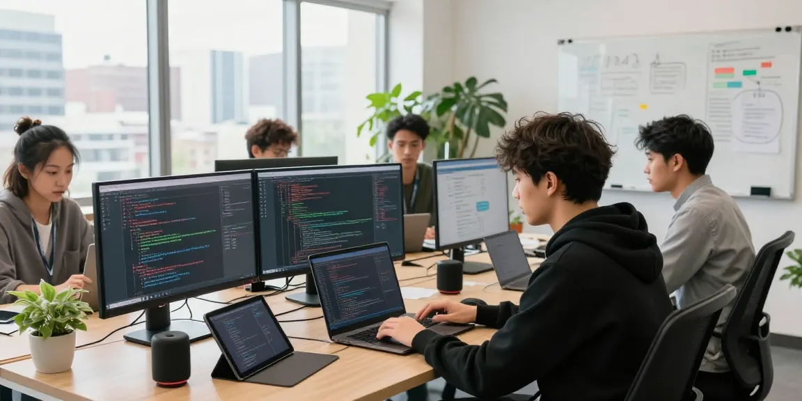 Software development team at https://sc88.chat/ collaborating in a bright workspace with coding displays and brainstorming notes.