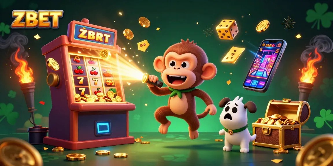 ZBET's exciting casino scene showcasing a mischievous monkey and a curious puppy among vibrant slots and jackpots