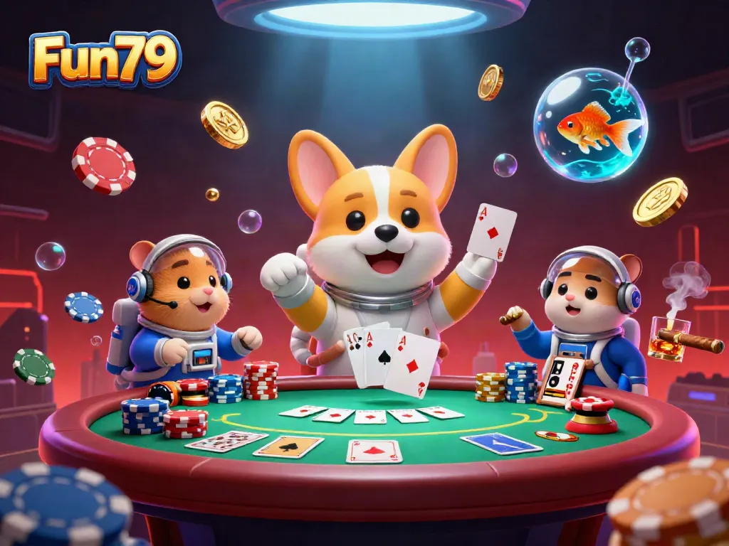 Fun79 blends excitement as a cartoon astronaut corgi explores a vibrant zero-gravity casino