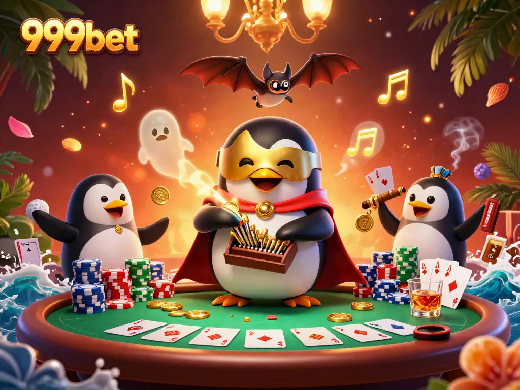 Engage with 999bet as the phantom opera penguin plays a golden pipe organ, showering coins, surrounded by dynamic casino elements.
