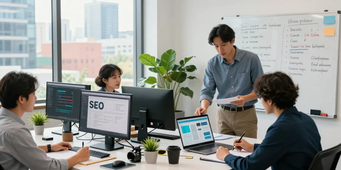 SEO Freelancer-Team arbeitet in einem lebhaften Büroumfeld an Strategien.