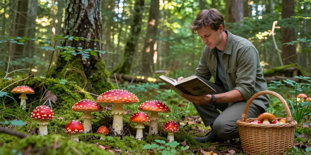 Fliegenpilz kaufen im Wald mit leuchtend roten Kappen und einem sorgfältigen Sammler