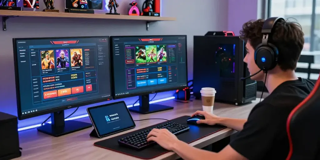 Dewacash Asia gaming setup showcasing vibrant screens and a focused player immersed in betting.